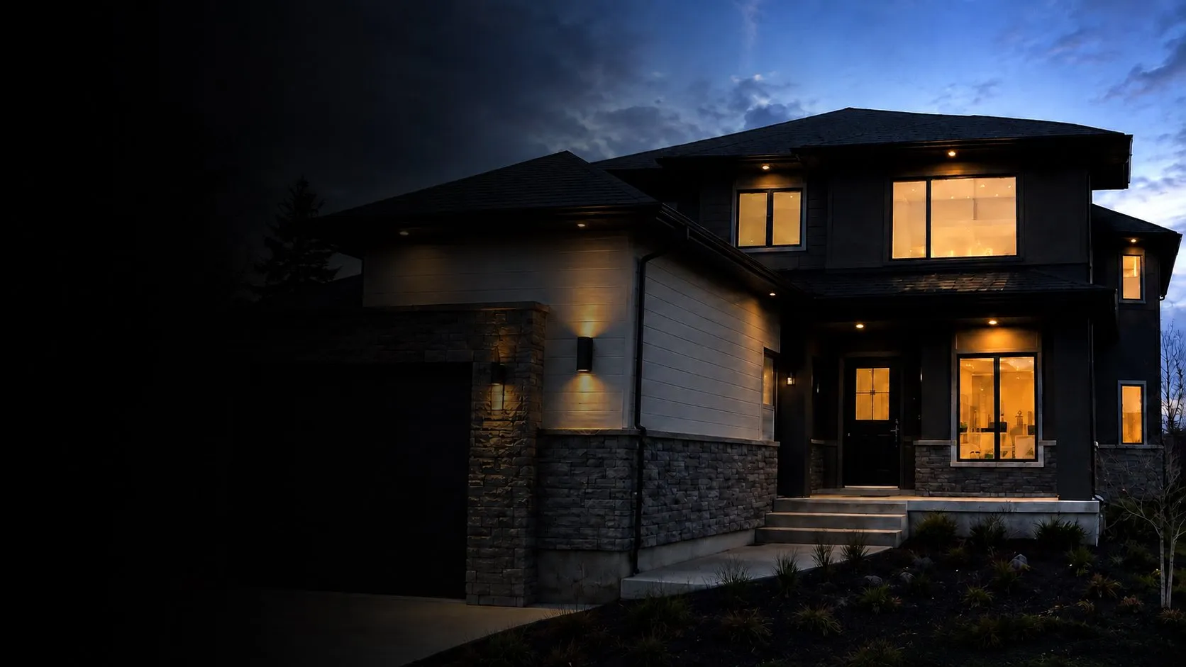 Completed modern Calgary home at dusk