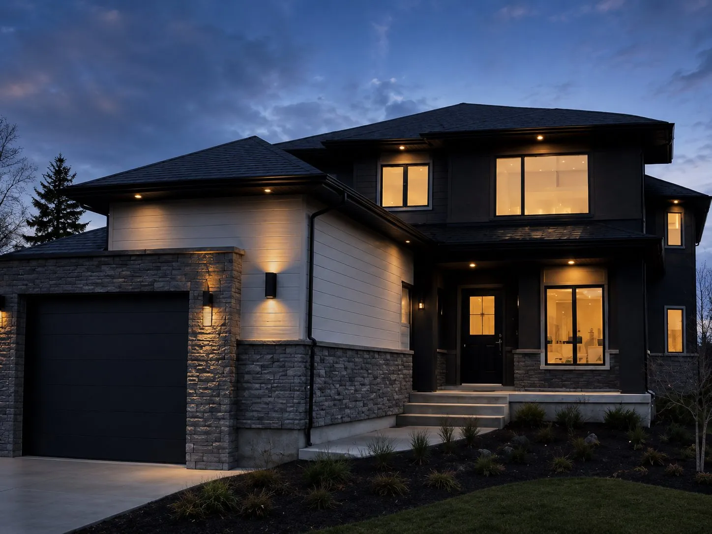 Modern custom home at dusk
